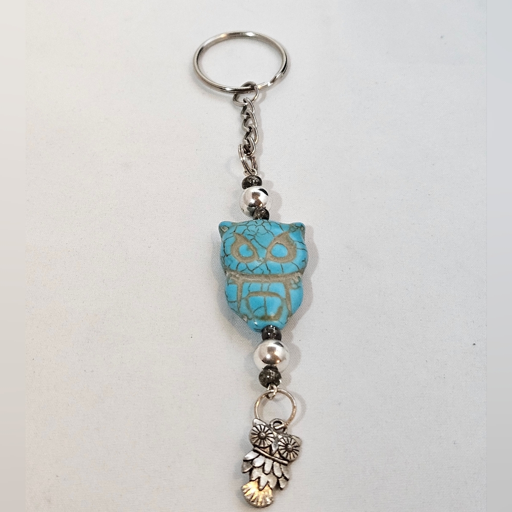 Hand Crafted Turquoise Owl Charm With Silver Accents Keychain